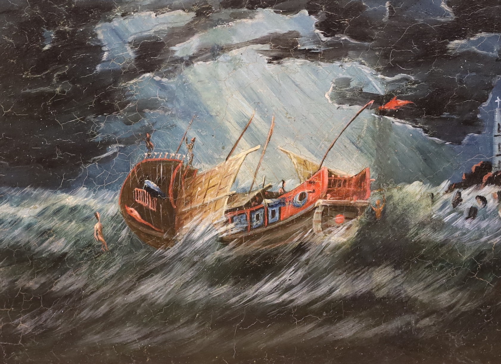 Chinese School c.1900, pair of oils on canvas, Junk in a calm and rough seas, 20 x 28cm